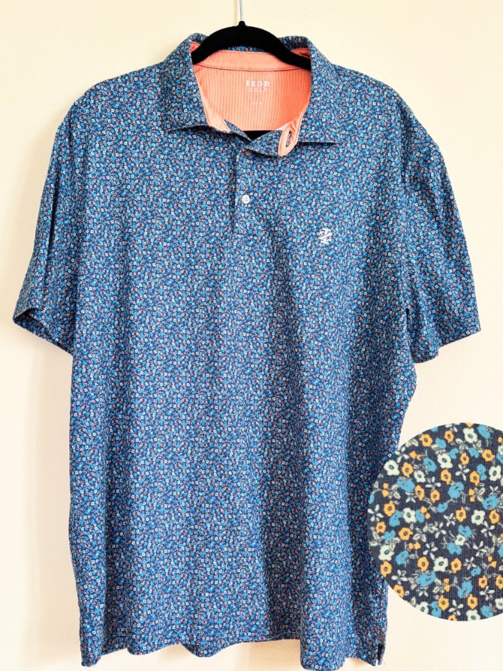 Izod Golf Shirt Blue and Orange Floral Print Men's Large